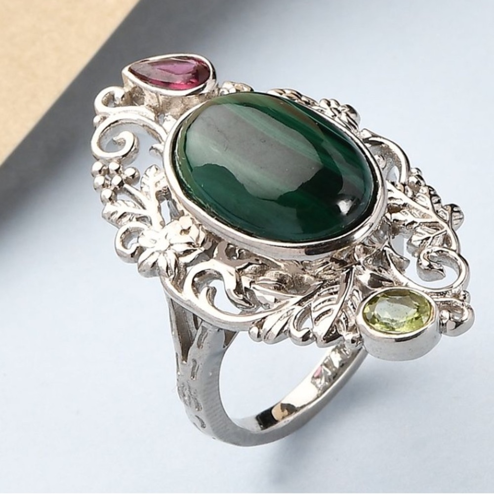 African Malachite and Multi Gemstone Ring in Platinum over Copper, Sz 6,…